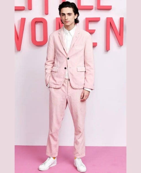 textured pastel pink suit