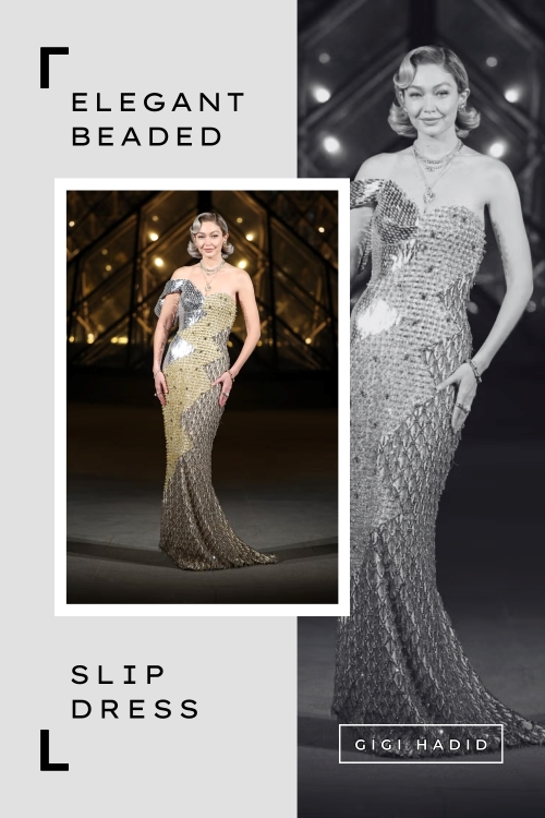 Gigi Hadid in Elegant Beaded Slip Dress