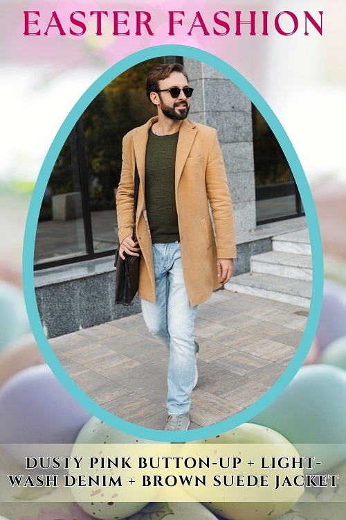Dusty Pink Button-Up with Light-Wash Denim & Brown Suede Jacket