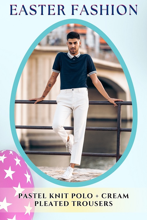 Pastel Knit Polo with Cream Pleated Trousers