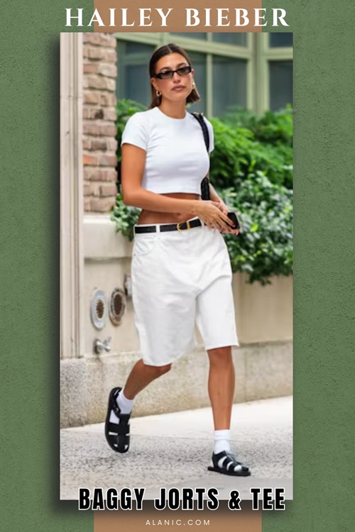 Hailey Bieber in Baggy Jorts and Oversized Tee width=