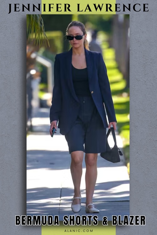 Jennifer Lawrence in Tailored Bermuda Shorts with Blazer and Mary Janes