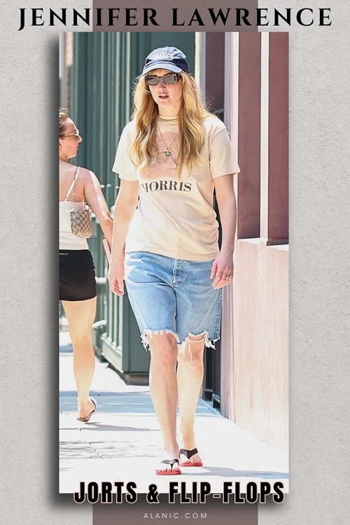 Jennifer Lawrence in Jorts, Flip‑flops and Vintage Tee