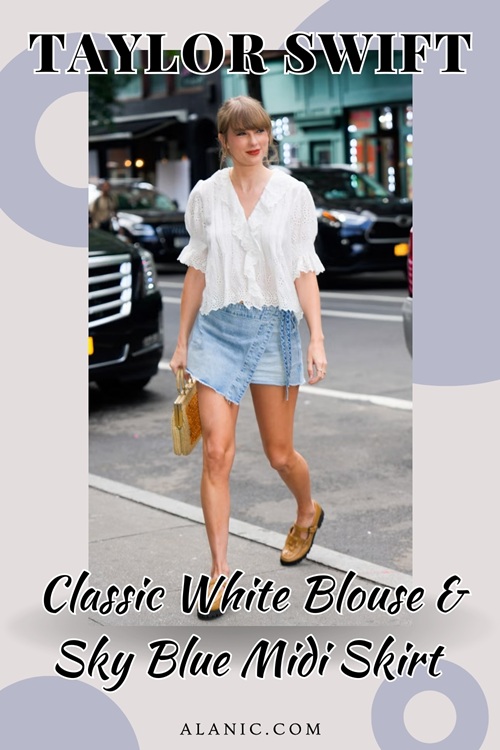 Taylor Swift in Classic White Blouse and Sky Blue Midi Skirt