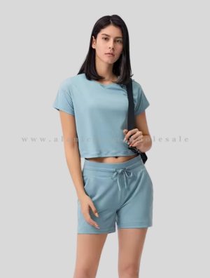 bulk blue round neck fitness crop top