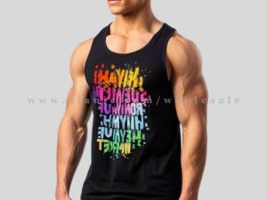 black text printed tank top for men in bulk
