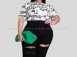 white text printed plus size top & ripped jeans supplier