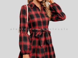 black & red front knot flannel dress supplier