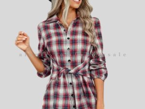 wholesale red & white front knot flannel dress