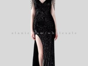 black deep v neck sequin sleeveless maxi dress in bulk