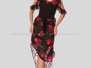 black & red printed maxi dress with lace wholesaler