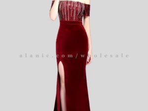 maroon velvet off shoulder designer maxi dress wholesaler
