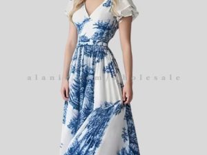 white & blue printed chiffon maxi dress vendor