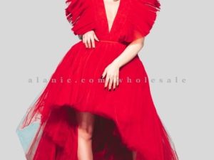 bold red deep v neck volume dress supplier