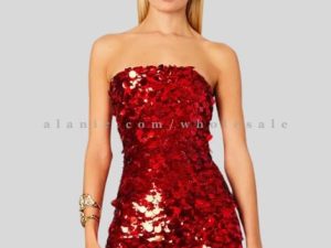 bright red strapless sequin dress vendor