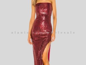 wholesale burgundy strapless sequin long dress