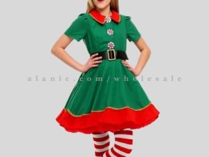 green christmas party dress with socks & hat for girls in bulk