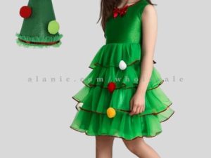 little girls green christmas party dress with designer hat wholesaler