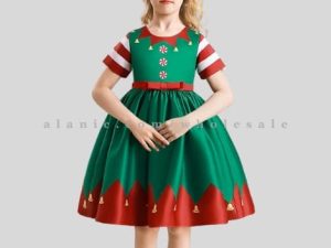 little girls green & red dress for christmas party wholesaler