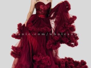 maroon off shoulder ruffle volume dress wholesaler