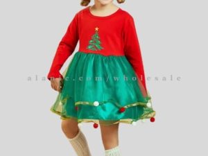 red & green christmas tree printed dress for little girl manufacturer