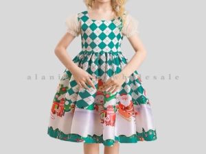teal & white printed christmas party frocks for girls vendor
