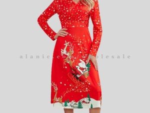 womens red printed v neck dress for christmas party wholesaler