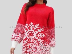 womens red snow printed sweater for christmas party in bulk