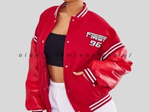 red text printed varsity jacket for women supplier