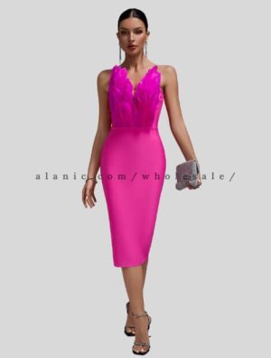bright pink feather designed bodycon dress manufacturer