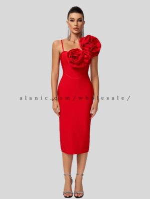 bright red flower designed bodycon dress wholesale