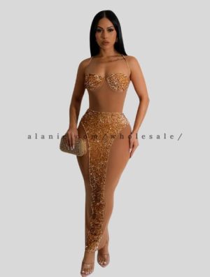 golden sequin sheer bodycon dress vendor