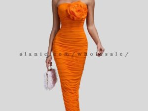 orange flower designed bodycon dress bulk