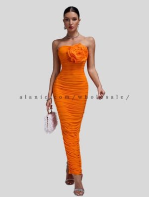 orange flower designed bodycon dress bulk