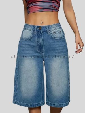 blue washed denim jorts for women supplier
