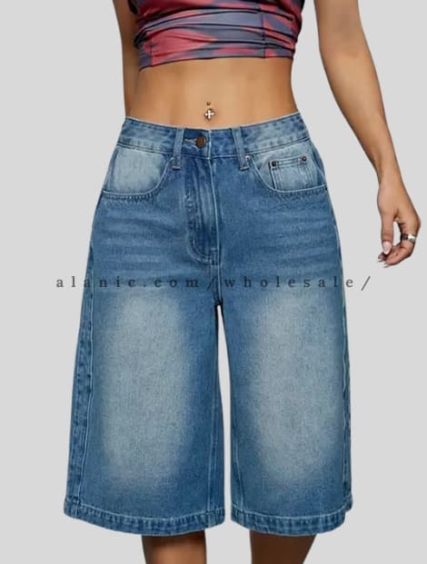 blue washed denim jorts for women supplier