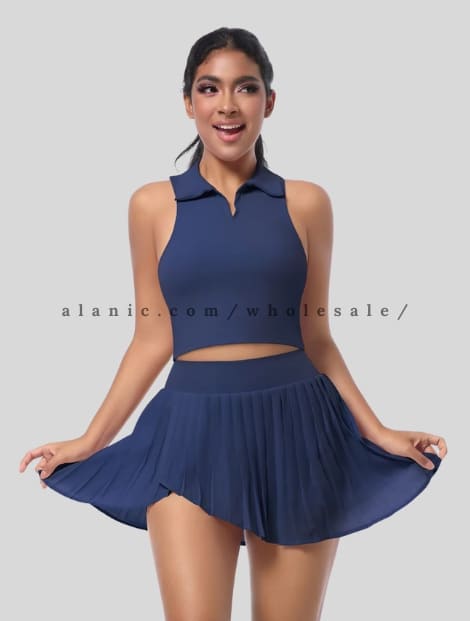 wholesale dark blue collared top and skort set