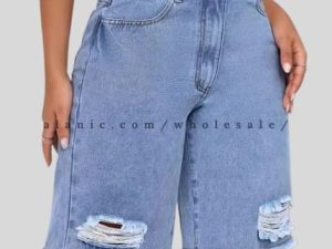 wholesale light blue ripped denim jorts for women