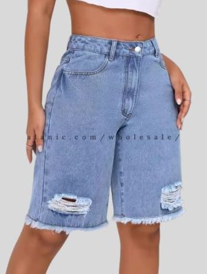 wholesale light blue ripped denim jorts for women