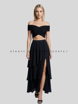 black off shoulder crop top and ruffled skirt manufacturer