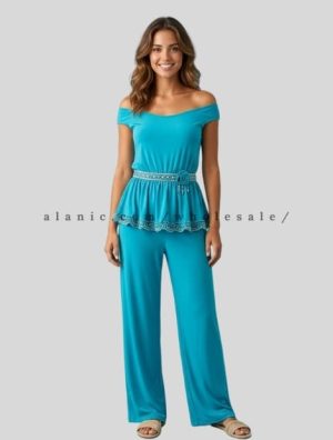 wholesale blue lace-detailed peplum top and trouser