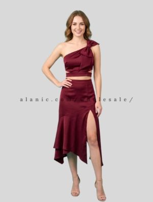 bow strap satin crop top and skirt supplier