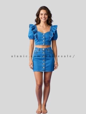 button-front denim top and mini skirt set manufacturer
