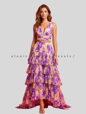chiffon V-neck crop top and ruffle skirt set manufacturer