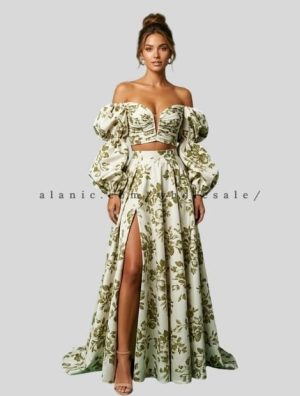wholesale dramatic puff sleeves corset top and skirt