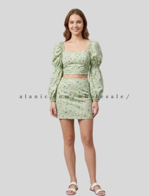 long puff-sleeve crop top and mini skirt supplier