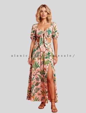 wholesale tropical tie front crop top and skirt