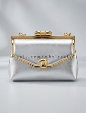 wholesale metallic silver clutch with golden design